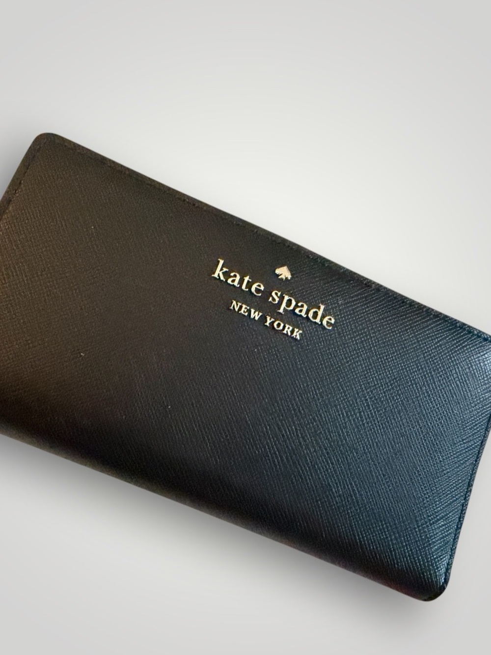 kate spade Black Saffiano Zip Around Wallet with Gold Logo SLIM bi fold